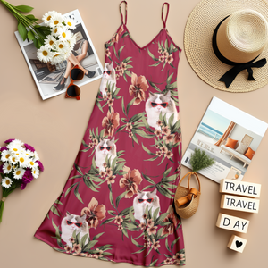 Custom Cat Photo With Floral Pattern Women's V-neck Cami Maxi Dress LM32 893327