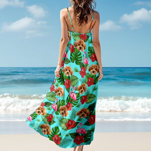 Custom Dog Photo Tropical Hawaii Style Personalized Women's V-Neck Cami Maxi Dress For Summer Holiday CH07 895672