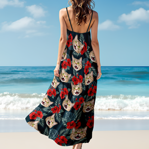 Custom Cat Photo Tropical Women's V-Neck Cami Maxi Dress HA75 892236