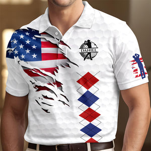 Personalized Golf American Flag Polo Shirt, White Golf Texture American Flag, Patriotic Golf Gift For Men HO82 900826