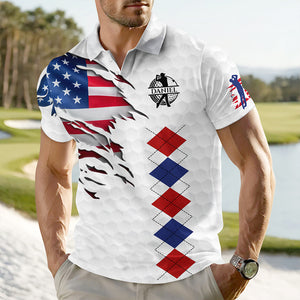 Personalized Golf American Flag Polo Shirt, White Golf Texture American Flag, Patriotic Golf Gift For Men HO82 900826