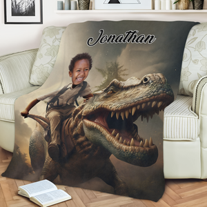 Custom Photo Boy Riding Dinosaur Kid Blanket Back To School Gift For Son Daughter CH07 896468
