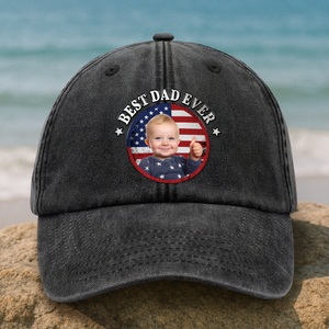Custom Photo Best Dad Ever With US Flag Washed Denim Baseball Cap HA75 892528