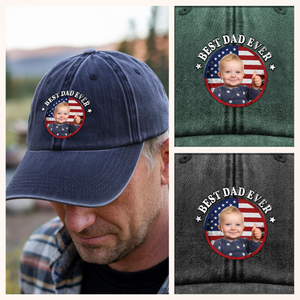 Custom Photo Best Dad Ever With US Flag Washed Denim Baseball Cap HA75 892528