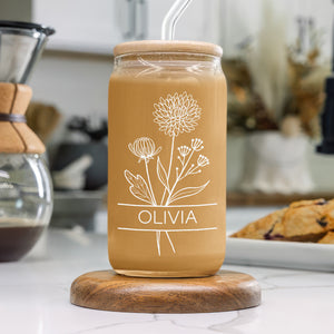 Custom Name With Birth Flower Engraved Glass Can With Lid HO82 894368