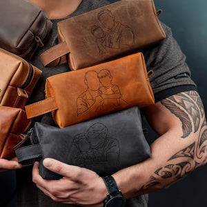 Custom Dad And Kids Photo Drawing Style Engraved Men's Leather Toiletry Bag HO82 894224