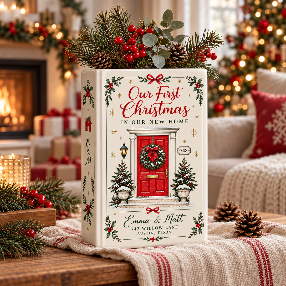 Our First Christmas In Our New Home Book Vase, Custom Couple Name & Address Ceramic Vase, First Home Christmas Gift CH07 181170