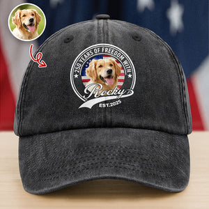 Custom Photo 250 Years Of Freedom With Dog Cat Washed Denim Baseball Cap HO82 894658