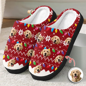 Custom Dog Faces Funny Christmas Lights Plush Slippers HO82 900156