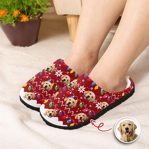 Custom Dog Faces Funny Christmas Lights Plush Slippers HO82 900156