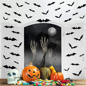 GeckoCustom 24/48pcs Halloween Decoration 3D Black PVC Bat Halloween Party DIY Decor Bar Room Halloween Party Scary Decos Props Wall Sticker