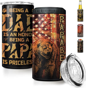 GeckoCustom 4-In-1 Dad Tumbler Gifts for Dad from Daughter Son - 12Oz Dad Fuel Can Cooler Tumblers Travel Mug Cup - Stainless Steel Insulated Cans Coozie Christmas, Birthday, Father'S Day Gift for Daddy Papa Bear - Black