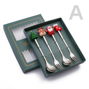GeckoCustom 6/4/2PCS Christmas Gift Glod Spoon Fork Set Elk Christmas Tree Decoration Dessert Scoop Fruit Fork Coffee Spoon Cutlery Set 4PCS-Silver-B3