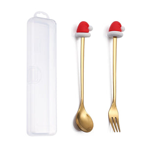 GeckoCustom 6/4/2PCS Christmas Gift Glod Spoon Fork Set Elk Christmas Tree Decoration Dessert Scoop Fruit Fork Coffee Spoon Cutlery Set 2PCS-Gold-E4