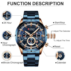 GeckoCustom CURREN Men Watch Top Brand Luxury Sports Quartz Mens Watches Full Steel Waterproof Chronograph Wristwatch Men Relogio Masculino