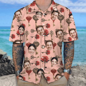 GeckoCustom Custom Couple Photo Roses Heart Shaped Key Valentines Hawaii Shirt LM32 893013
