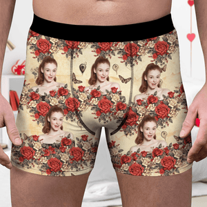 GeckoCustom Custom Photo Vintage Butterfly Roses Couple Boxer Gift For Valentine's Day HO82 893386