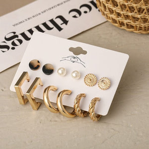 GeckoCustom Gold Color Pearl Hoop Earrings Set Metal Dangle Earrings Vintage Circle Geometric Twist for Women Girls Trendy Jewelry Gifts LY54046