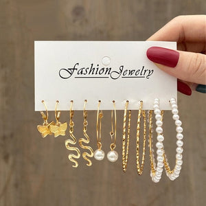 GeckoCustom Gold Color Pearl Hoop Earrings Set Metal Dangle Earrings Vintage Circle Geometric Twist for Women Girls Trendy Jewelry Gifts LY5467601