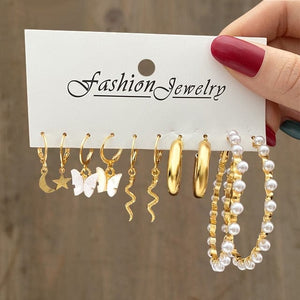 GeckoCustom Gold Color Pearl Hoop Earrings Set Metal Dangle Earrings Vintage Circle Geometric Twist for Women Girls Trendy Jewelry Gifts LY54730