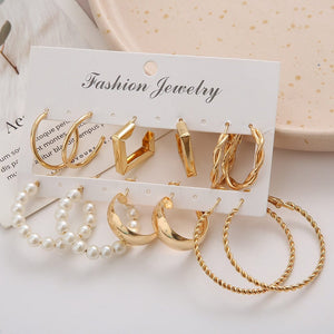 GeckoCustom Gold Color Pearl Hoop Earrings Set Metal Dangle Earrings Vintage Circle Geometric Twist for Women Girls Trendy Jewelry Gifts