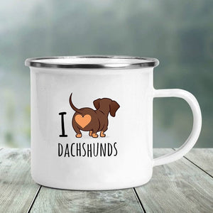 GeckoCustom I Love Dachshunds Printed Enamel Mug Creative Glass Coffee Drinks Dessert Milk Cup Glass Vintage Heatable Handle Drinkware Gifts