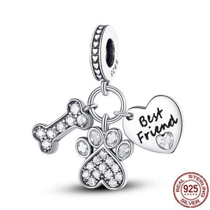 GeckoCustom Pet Paw Print & Bone Dangle Charm Authentic 925 Sterling Silver Bead Fit Original Pandora Bracelet Necklace Jewelry For Women SS597