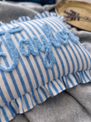 Personalized Striped Ruffled Punch Needle Throw Pillow: Embroidered Baby Name TH10 170319
