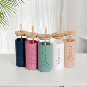 Personalized Birth Flower Name Glass Can With Lid Silicone Sleeve TH10 896881