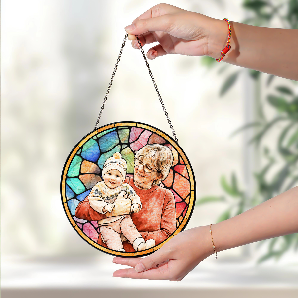 Custom Potrait Photo Grandparents With Kid Family Stained Glass Suncatcher, Mother's Day Gift LM32 899257