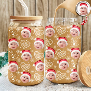 Custom Photo Glass Can With Lid, Christmas Gift For Family HO82 900692