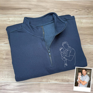 Custom Dad And Kids Portrait Photo Drawing Style Family Embroidered Quarter Zip Sweatshirt, Gifts for Dad, Birthday, Father's Day HO82 900772