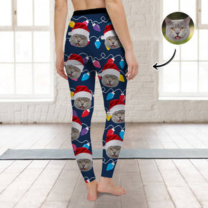 Custom Cat Face Photo With Colorful Christmas Lights Legging HO82 900478
