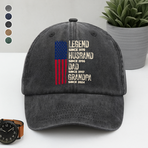 Custom American Flag Legend, Husband, Dad And Grandpa Washed Denim Baseball Cap LM32 895001