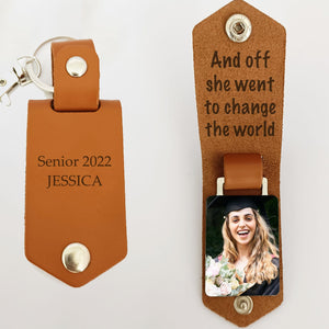 GeckoCustom And Off She Went To Change The World Graduation Vintage Leather Photo Keychain C263