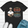 GeckoCustom First Dad Now Grandpa Personalized Custom Father's Day Birthday Dark Shirt C337 Basic Tee / Black / S