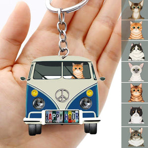 GeckoCustom License Plate Hippie Vintage Van Cat Camping Acrylic Keychain, Cat Lover Gift HN590