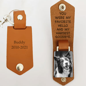 GeckoCustom My Favorite Hello And Hardest Goodbye Dog Pet Memorial Vintage Leather Photo Keychain C249