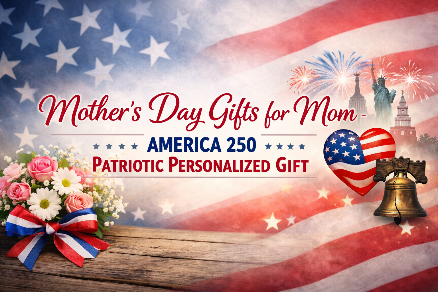 Mother’s Day Gifts for Mom – America 250 patriotic banner with flowers and US flag