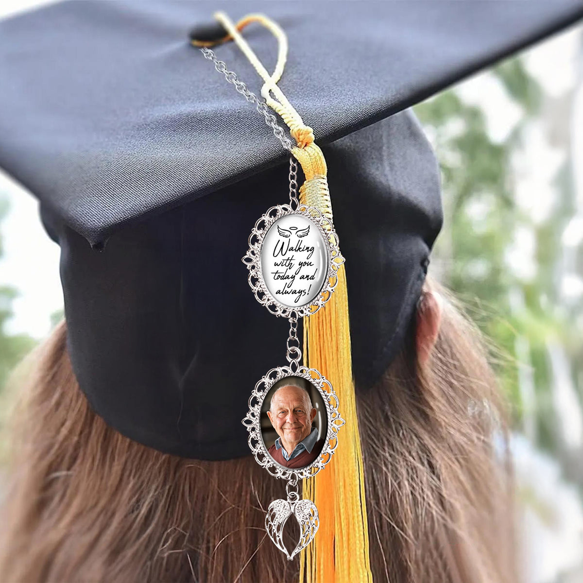 Custom Photo Walking With You Today And Always Memorial Graduation Tassel Charm With Angel Wings HO82 901372