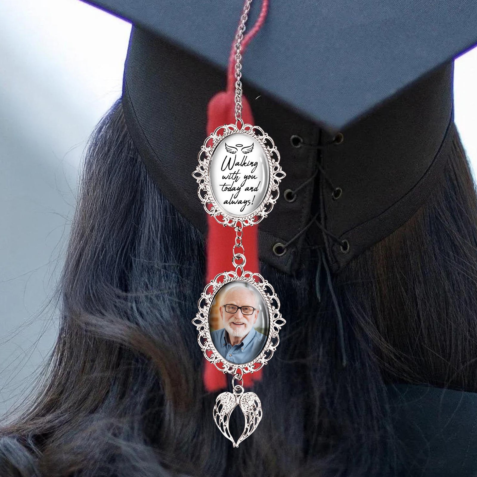 Custom Photo Walking With You Today And Always Memorial Graduation Tassel Charm With Angel Wings HO82 901372