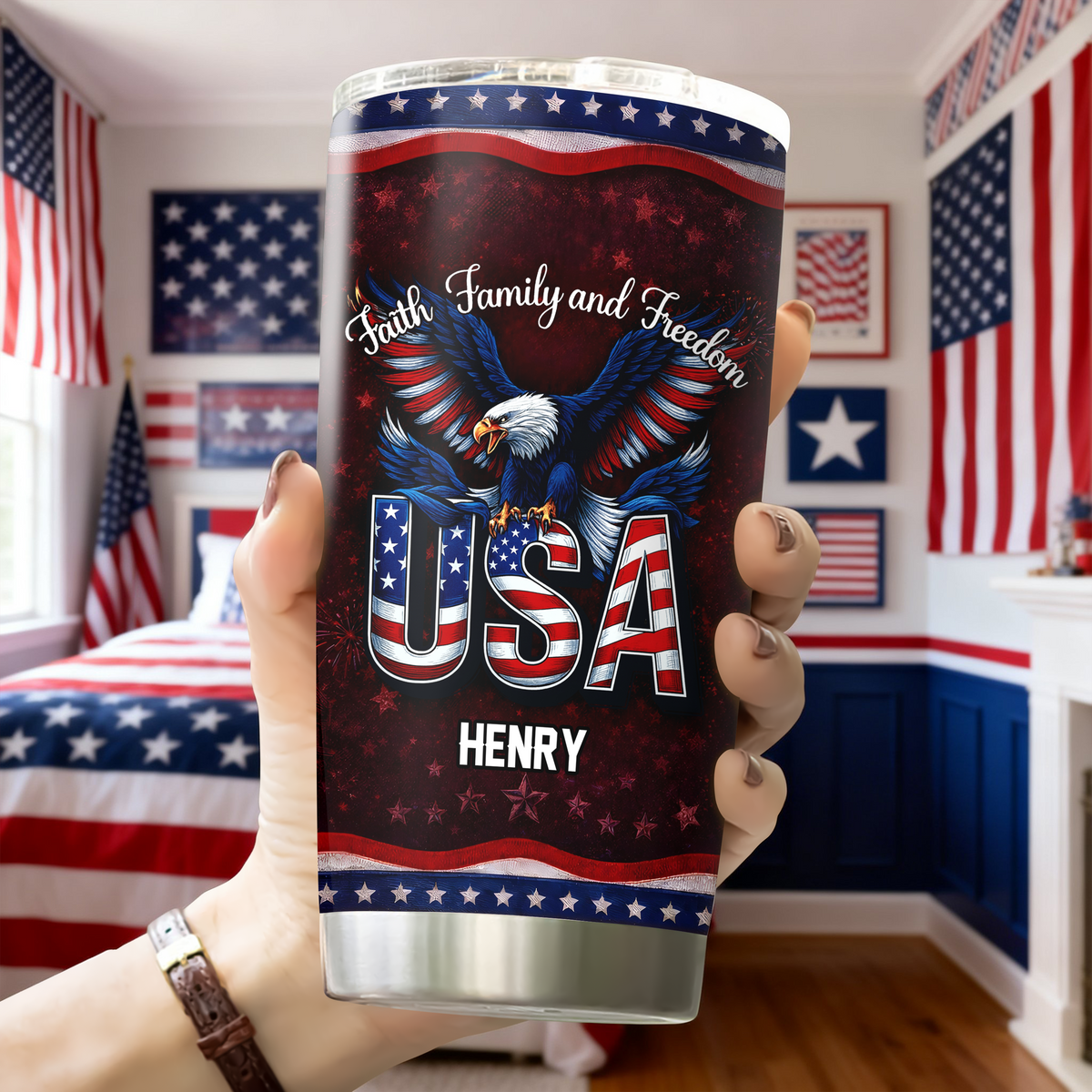 Custom Name Faith, Family & Freedom America 250 Years Anniversary Fat Tumbler 1776–2026 CH07 910590