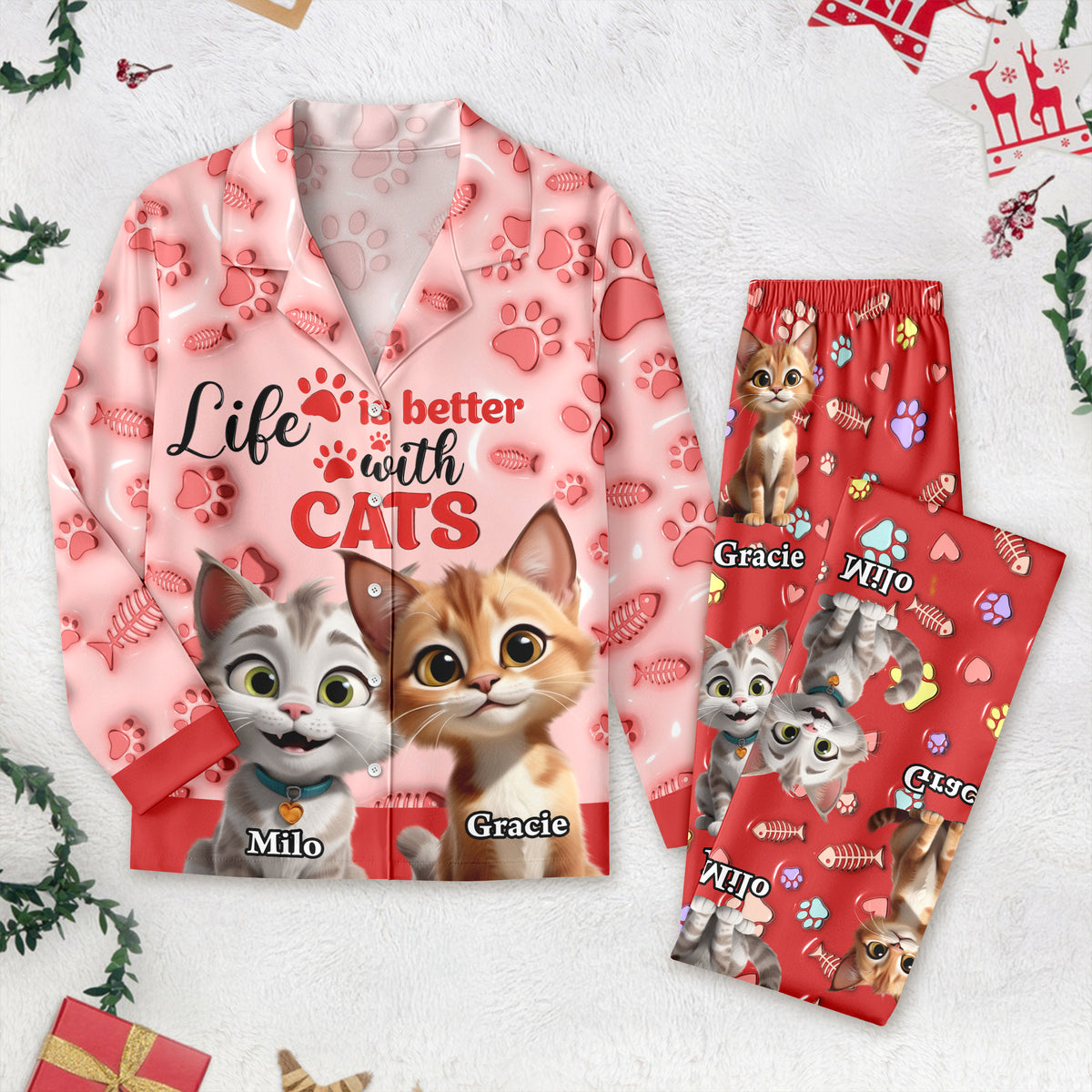 Custom Cat Name Life Is Better With Cats 3D Effect Pajamas LM32 895933