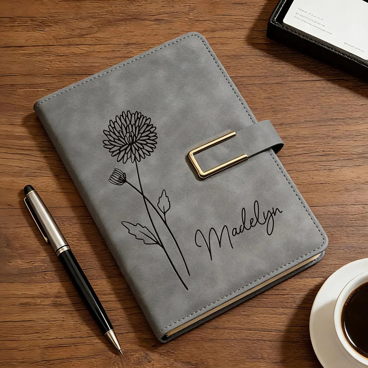 Engraved Birth Flower Leather Journal, Personalized Name Notebook Set, Graduation Gifts for Her HA75 920592