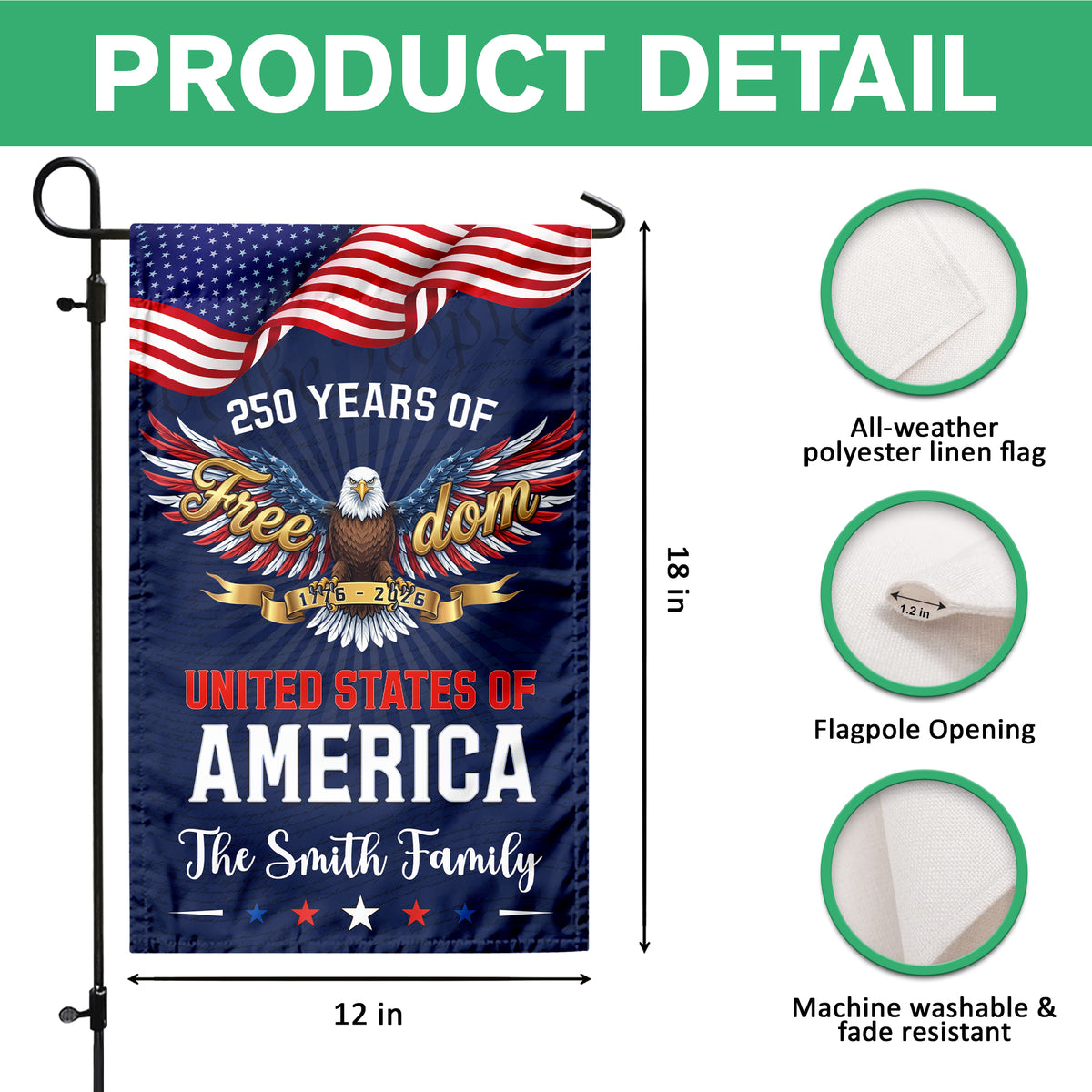 Custom Family Name 250 Years of Freedom Eagle USA 1776–2026 Garden Flag HO82 902210
