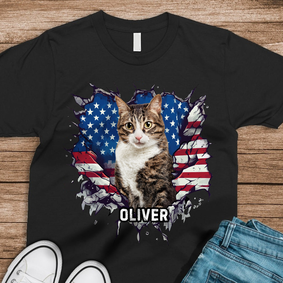 Custom Photo Dog Cat With American Flag Dark Shirt HA75 920656