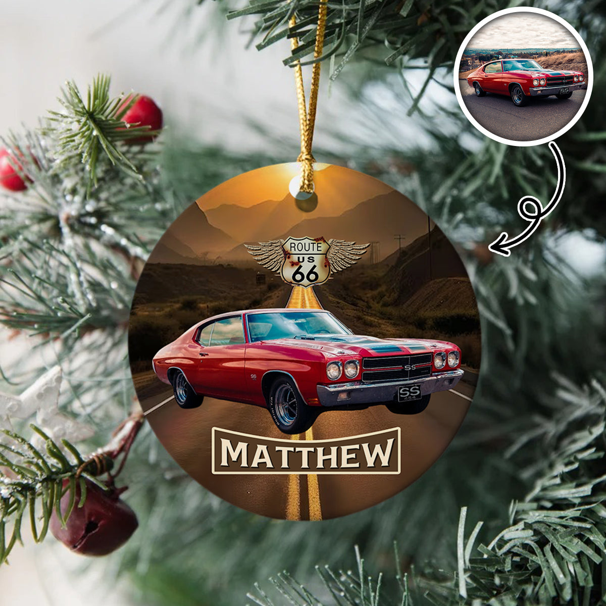 Vintage Route 66 - Personalized Car Photo Ceramic Ornament HA75 897256