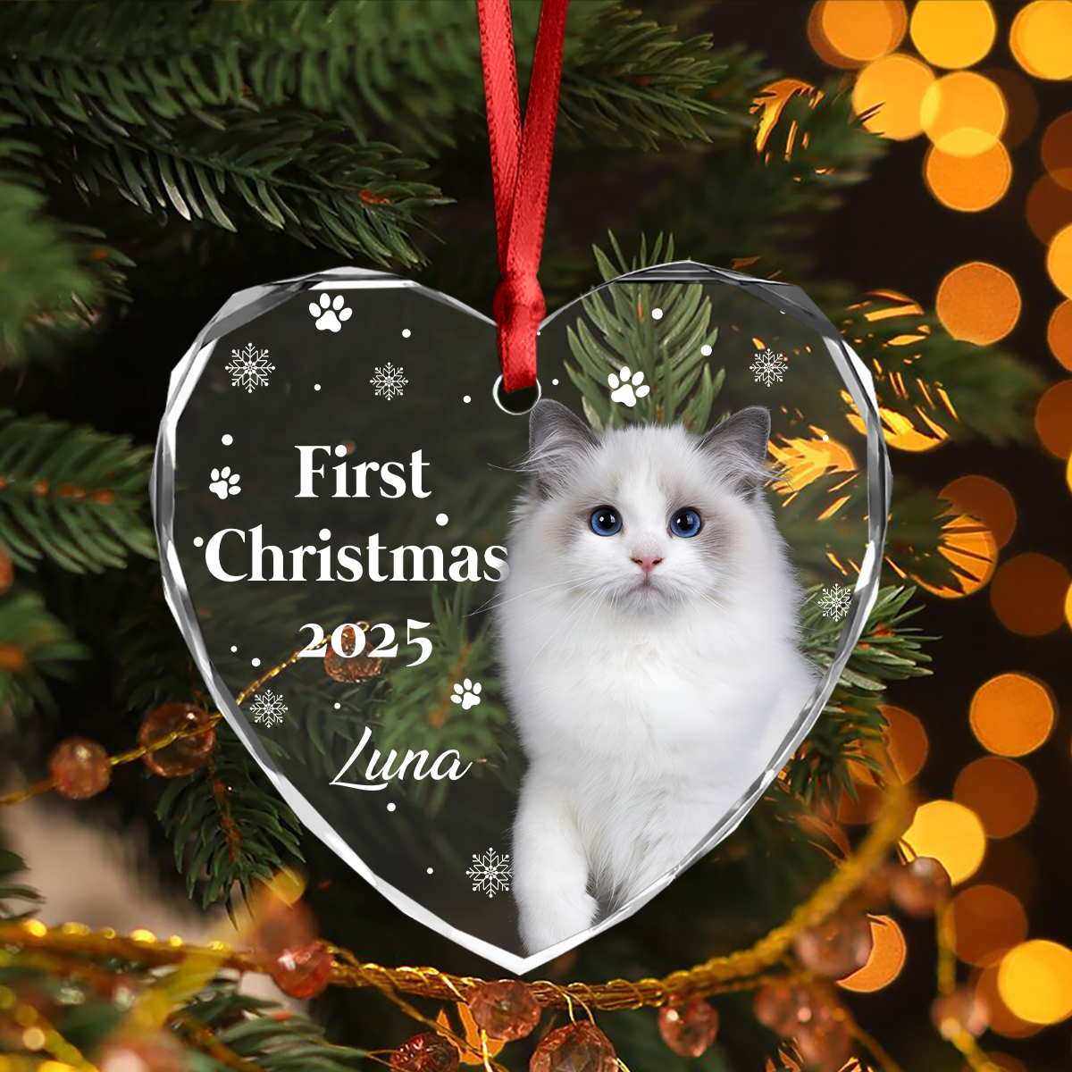 First Christmas With Cute Puppy And Snowflakes Custom Cat Photo Heart Glass Ornament CH07 896780