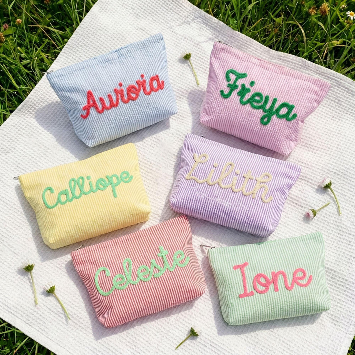 Personalized Name Seersucker Makeup Bag - Gift For Mom, Girlfriend, Women, Summer Gift HO82 902064