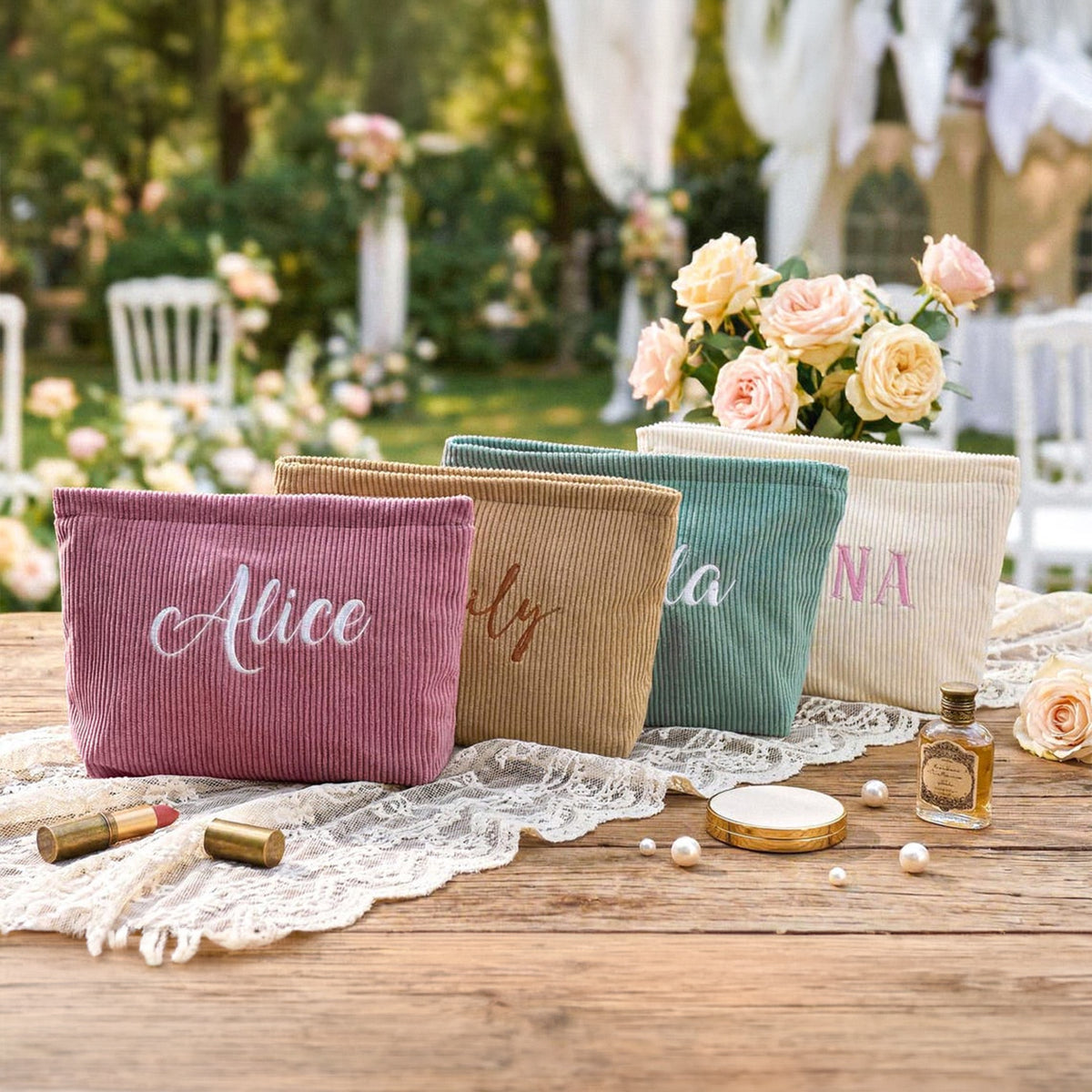 Personalized Name Embroidered Corduroy Makeup Bag - Gift For Mom, Girlfriend, Women, Summer Gift HO82 902190